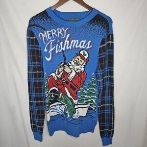 Unisex Ugly Christmas Sweater Blue Merry Fishmas Santa Fishing Plaid Sleeve Sz L